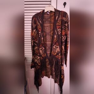 No Boundaries Geometric Fringe Cardigan - Brown and Black
